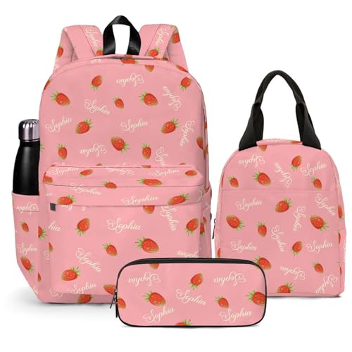 Personalized Strawberry Backpack for School, Cute Fruit Pattern Printed Kids School Bag Pink Bookbag Backpack Set with Lunch Bag Pencil Case