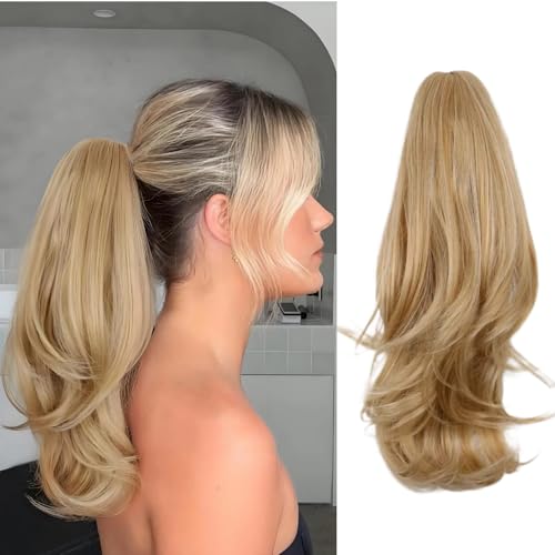Ponytail Extension 16 Inch Claw Clip Pony Tails Hair Extensions Soft Natural Looking Synthetic Clip in Ponytail Ponytail Extension for Women (Mixed Golden Brown and Light Blonde)
