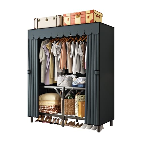 LEAIJIAFY Foldable Clothes Hanger with Cover Portable Wardrobe, Metal Standing Armoire Wardrobe Clothes Rack with Gray Fabric Cover,One-Piece Folding Base,25MM Steel Tube for Bedroom by LEAIJIAFY - Used condition - US$78.35