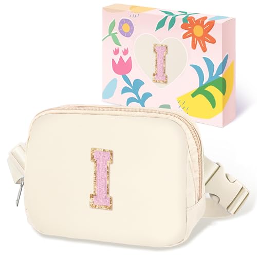 Image of COSHAYSOO Valentines Birthday Initial Gifts for Women Teen Girls 5 6 7 8 9 10 11 12 13 14 Year Old Ivory Fanny Pack for Girls Belt Bag Crossbody Travel Purse Unique Trendy Cute Stuff Chenille Letter I