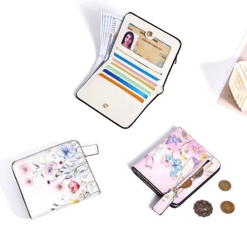 Image of Toughergun Wildflower Charm Floral RFID Small Wallet Women, Slim Thin Vegan Leather Bifold Wallet with Zipper Coin Pocket & ID Window, Cute Mini Credit Card Holder Gift for Women Ladies Teen Girls