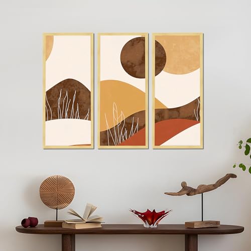 Image of PAINTINGMANTRA Abstract Landscape Framed Wall Art Set of 3 | Modern Boho Geometric Wall Decor | Engineered Wood Frame Prints for Living Room, Bedroom & Office, 8.9x18.9 Inch