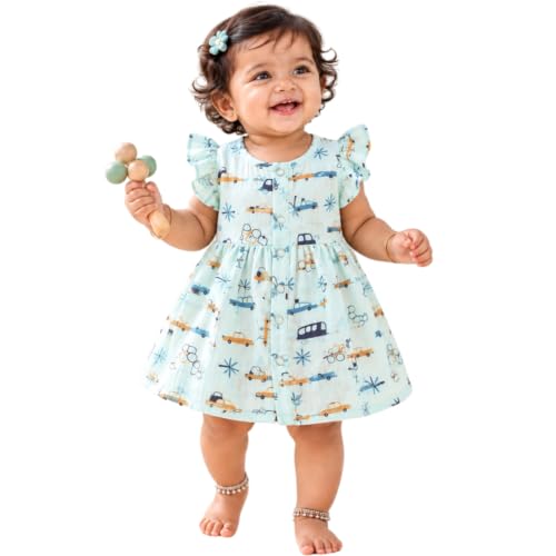Image of Lilimi Toddler Baby Girl Cotton Muslin Dress, Breathable Flutter Sleeve Button-Front Cute Frocks