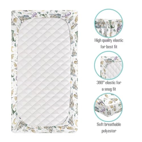 Image of Baby Boy Girl Standard Crib Sheet Covers Dragon Tale Castle, Watercolor Green Moon Cloud Star Tree Snug Fitted Toddler Mattress Sheet, Soft Stretchy Breathable Kid Nursery Bed Decor Gift 52x28
