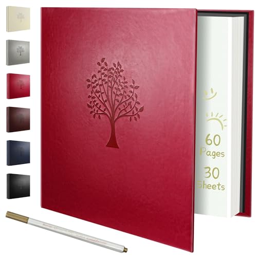 Rdylymx Large Photo Album Self Adhesive Scrapbook Album for 5x3 6x4 7x5 10x8 Pictures 60 Pages Leather Cover DIY Photo Book Ideal Gifts for Family Travel Wedding Baby Red