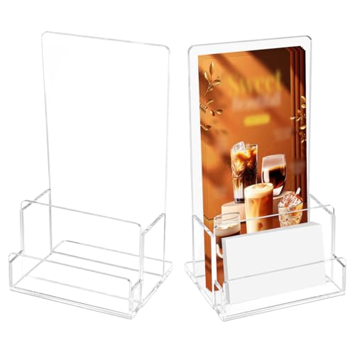 TCETCY 2 Pack Expositor para Folletos A6 de Metacrilato Transparente Soporte Inclinado con Porta Tarjetas de Visita Organizador de Flyers Publicidad Base Antivuelco Estable para Mesa Mostrador Negocio