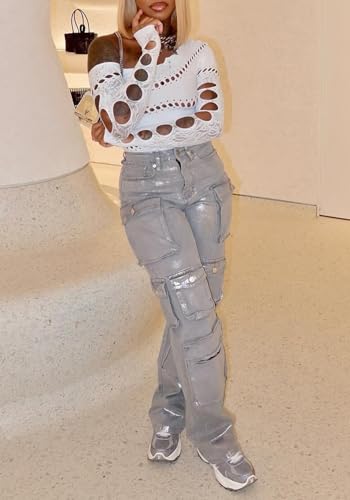 Unybwonn Women High Waisted Metallic Cargo Jeans Y2k Satin Sparkly Straight Wide Leg Denim Pants with Flap Pockets3