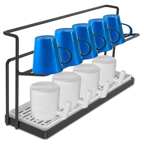bigjvbfv Bottle Drying Rack, Cup Drying Rack, Carbon Steel Cup Drying Rack Double Layer Tumbler Drying Rack with Removable Drain Tray Sturdy Cup Drying Holder for Home Kitchen (Black)