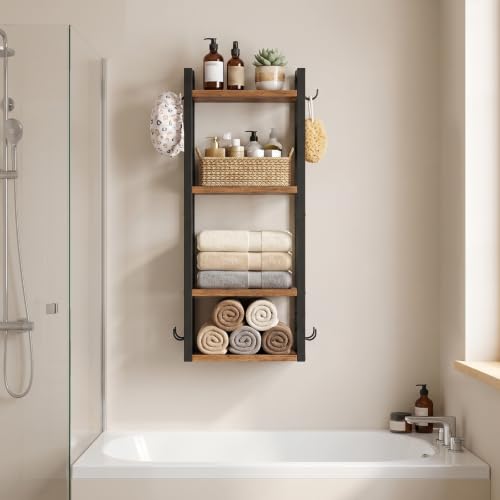 HOOBRO Étagère de Rangement Murale à 4 Niveaux, Porte-Serviettes avec 6 Crochets Amovibles, Cadre Métallique, Montage Simple, pour Salle de Bains, Salon, Chambre, Marron Rustique et Noir EBF166CJ01
