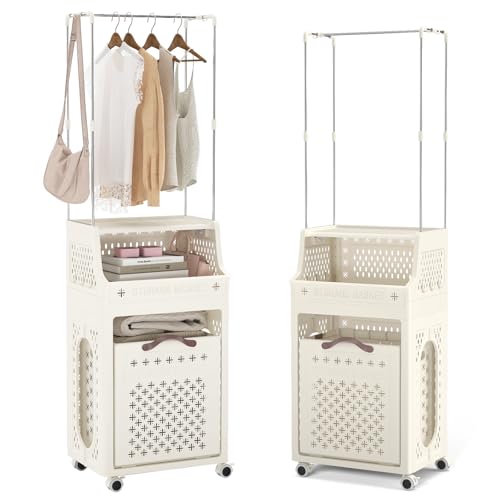 LIFEZEAL Wäschekorb mit Kleiderständer, Faltbares Wäschesammler auf Rollen, Wäschesortierer Wäschesack mit Ablage, Wäschewagen für Waschküche, Badezimmer, Schlafzimmer (40 x 29,5 x 136 cm)