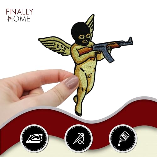 Finally Home Bad Angel Patch zum Aufbügeln | Engel mit Waffe und Flügeln Patches, Bügelflicken, Flicken, Aufnäher geeignet für Lederjacken