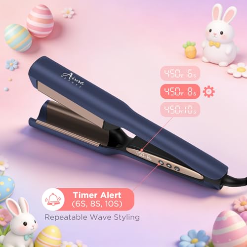 Image of Aima Beauty 1 Inch Deep Wave Curling Iron Hair Crimper Waver Beach Waves | Memory Timer Hair Waver, Adjustable Temp Travel Dual Voltage Anti-Scald Lasting Style Ionic Anti-Frizz, Prussian Blue
