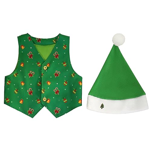 Générique - Costume Noel Bebe Gilet De Costume Festif sans Manches pour Enfant Garçon d'honneur Veste Vestons Chemise Gilet De Fête Col en V Mariage Anniversaire Noël Fête Formel pour Enfant avec Bonnet