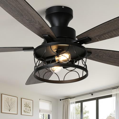 Image of 52 Inch Flush Mount Farmhouse Ceiling Fan with Lights and Remote | Rustic Fandelier Black Metal Caged Chandelier Fan, 5 Dual Blades, Reversible Quiet DC Motor 6 Speed, for Bedroom Living Room