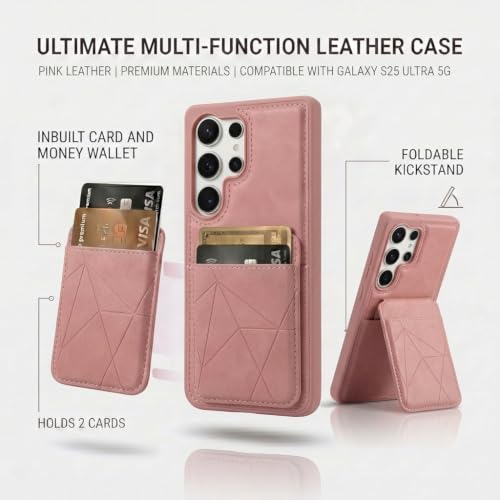 Image of amazon basics Premium Vegan Leather Back Cover with Card Holder and Integrated Mobile Stand for Samsung Galaxy S25 Ultra 5G - Slim Shockproof Wallet Case with Geometric Stitching [Pink]