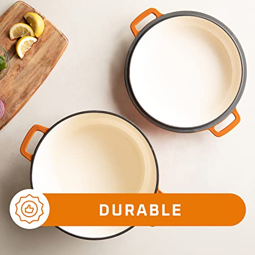 Bruntmor 2-In-1, 5 Quart Enamel Cast Iron Dutch Oven With Handles, 5 Qt Pumpkin Orange Cast Iron Skillet, Enamel All-In-One Cookware Braising Pan For Casserole Dish, Crock Pot Covered With Cast Iron #TOP7