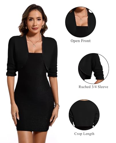 MINTLIMIT Bolero Cardigans for Women Ruched 3/4 Sleeve Open Front Cropped Cardigan Boleros Shrug Jackets for Evening Dresses3