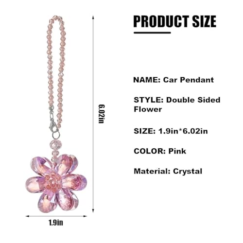 Crystal Flower Car Pendant, Car Rear View Mirror Charm Decor Hanging Ornament, Car Interior Accessories for Women (Pink Flower) - Thumbnail 2