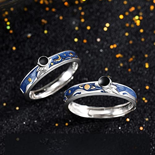 OIDIMS Cute Astronaut Couples Rings for Him and Her Matching Promise Engagement Wedding Blue Statement Open Band Sets Planet Star Moom Jewelry Gift for Valentine's Day Anniversary2