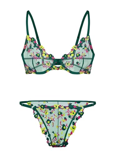 Image of Lilosy Sexy Floral Embroidered Mesh Sheer Underwire Lingerie Set