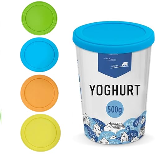 4 Stück JoghurtDeckel 500g,Wiederverwendbarer Deckel für Joghurtbecher,Joghurt Mehrwegfrischedeckel,Becher Deckel,Silikondeckel Joghurtbecher für Fast Alle 150g-500g Becher