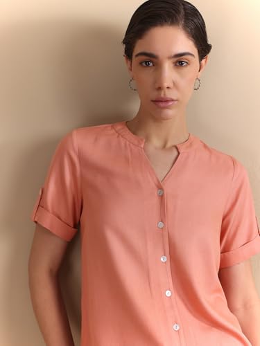 Image of FableStreet Women Formal Top | Asymmetrical Button Placket Band Collar Three-Quarter Sleeves | Pure Cotton Smooth Fabric for Office & Workwear