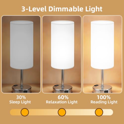 Image of Table Lamp, Dimmable Touch, AC Outlet, USB A+C (White&Silver) | 3-Way Dimmable, Small Touch Lamp with Eye-Care LED Bulb, Ideal Bright Lighting Bedside Lamps for Nightstand, Bedroom, Reading