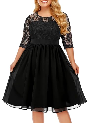 Pinup Fashion Plus Size Lace Chiffon Wedding Guest Dresses Women Cocktail Party Midi Dress Black Size 18 Plus Half Sleeve