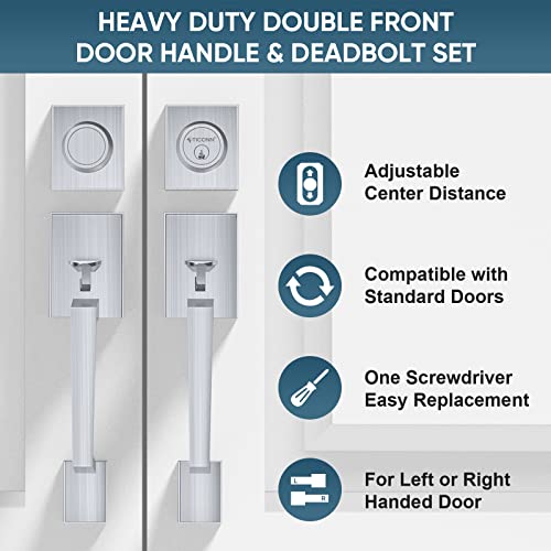 Image of TICONN Double Front Door Handle Set, Heavy Duty Square Door Lever and Single Cylinder Deadbolt Combo for Side by Side Entrance Exterior Doors (Satin Chrome)