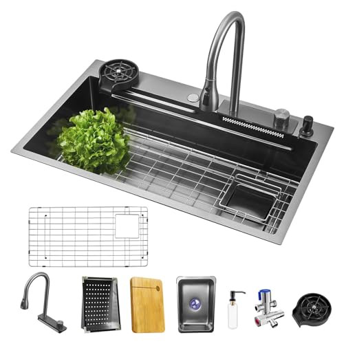 NOYHHAV Waterfall Kitchen 34 sinks Black stainless steel Pull down faucet for kitchen sink Countertop with Protectors Grid etc Accessories Black 34x20x8