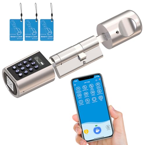 RUILON Serrure connectee porte entree - Serrure intelligente a code APP contrôle bluetooth avec 3 cartes RFID 1 étui en silicone étanche pour la maison, l'hôtel, Airbnb Epaisseur de la porte 50-100 mm
