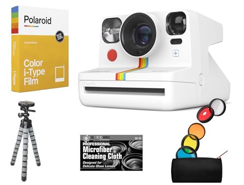 Pacote de câmera instantânea Polaroid Now R Plus Geração 2 Bluetooth Connected I-Type (branca) + tripé de mesa + pacote de filme + pano de microfibra