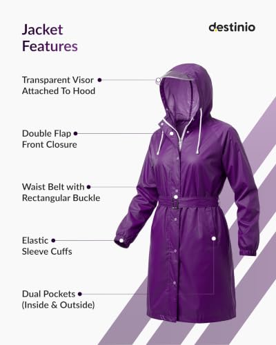 Image of Destinio Raincoat for Women Waterproof | Long Hooded Polyester Raincoat with PVC Lining | High Neck Double Layer Seam-Sealed Rain Wear with Waist Belt | Windproof Monsoon Rain Coat