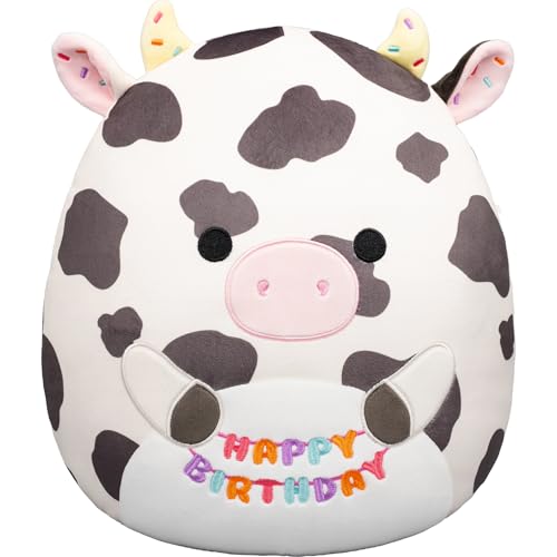 Image of Squishmallows Original 12in Colin the Cow Holding inchHappy Birthday inch Sign - Official Jazwares Plush (Medium-Sized)