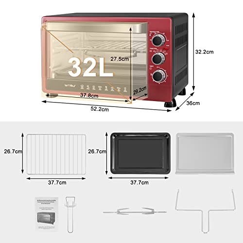 WOLTU BF12rsz Mini-Oven 32 Liter met timer Uitneembare Kruimellade 100-250 ℃ 1600W, Mini-Oven voor Pizzabrood Kippenvleugels, Zwart Rood - Afbeelding 7