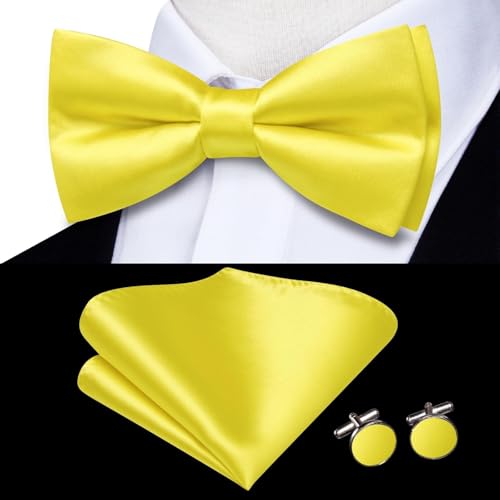 Image of Hi-Tie 5Pcs Mens Solid Color Silk Tie Satin Pretied Bowtie Lapel Pin for Men Handkerchief Cufflink Wedding Gift Box
