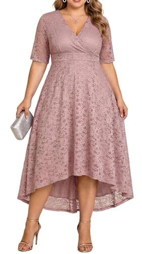 Plus Size Wedding Guest Dress Formal Lace Pink Faux Wrap