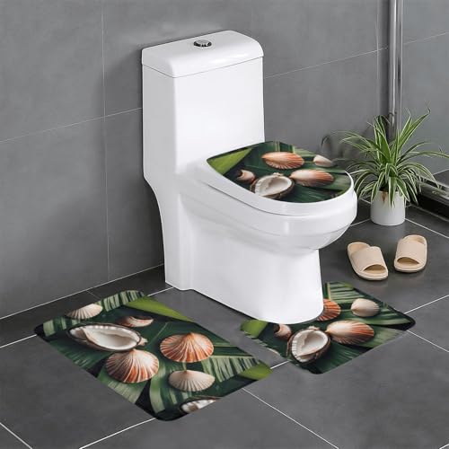 YYHWHJDE Set di 3 tappetini antiscivolo con conchiglie su foglie di cocco stampate, tappeti da bagno per il massimo comfort, bagni padronali