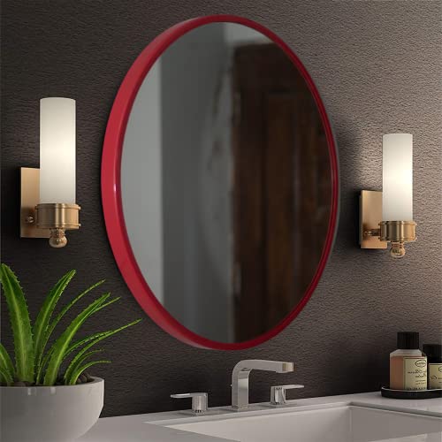 Image of Quality Glass Wall Mirror Metal Frame Round Wall Mirror For Bathroom, Living Room, Vanity Decorative Wall Mirror Wall Mounted (18X18 Inches) - Red, Framed