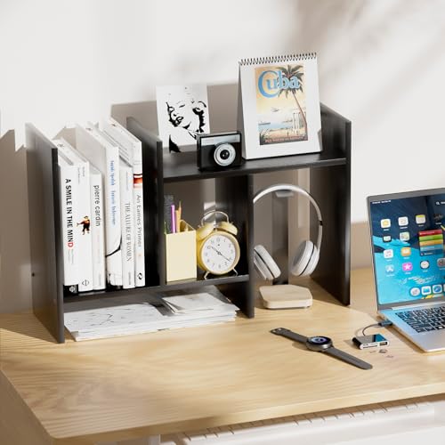 Image of Desk Shelves Wood Desktop Orgnizer Shelf.Office Organization for Top of Desk Organizers and Accessories Bookshelf Shelving,Adjustable Tier H-Shape Mini Bookcase(Black)