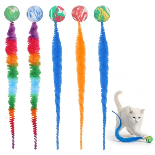 Skrfren 5 pcs Interactive Cat Worm Toys Balls Bouncy Balls for Cats Colorful Bouncy Ball with Fuzzy Tails Rainbow Worm Cat Toy for Cats Pet Party Favors Promotes Active Play