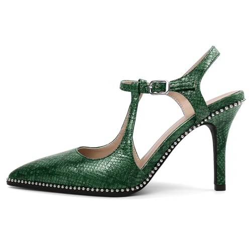 Image of SAMMITOP Womens High Heels Ankle Strap Pointed Toe Stilettos Patent Leather Beaded Pumps Dress Shoes 3.5 Inch
