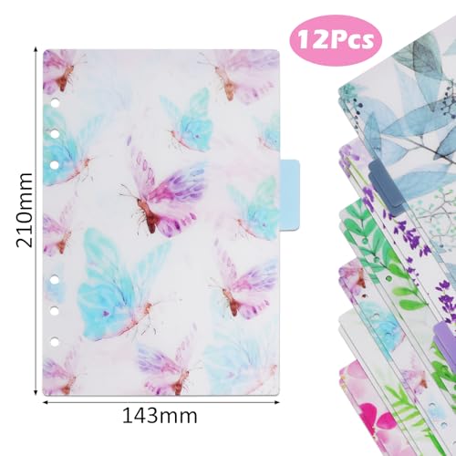 A5 Trennblätter Register 12 Stück – A5 Binder Tab Kunststoff Ordnerregister mit Index Tabs für Planer & Notizbuch – 6-Loch Divider in Wald & Blumen Design für Tagebuch, Schule, Büro