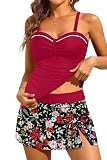Yonique Womens Underwire Tankini Swimsuits with Skirt Two Piece Bathing Suits Tummy Control Swimwear Red and Floral L