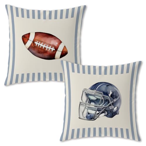 Trenstise Vintage Blue Striped Football Pillow Covers 18x18 Football Lover Player Fan Gifts Footballs Helmet Decorative Throw Pillow Covers for Couch Sofa Bedroom Sports Room Set of 2