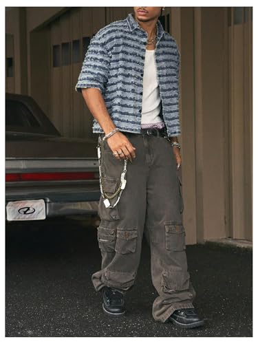 Men's Striped Raw Hem Denim Jacket Button Down Short Sleeve Jean Shirt Streetwear3