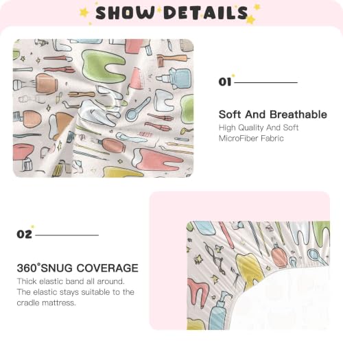 Image of Teeth Dental Cute Crib Sheets Soft Breathable Fitted Baby Crib Sheets Mattress Cover for Girls Boys, 52 inch x 28 inch x 9 inch