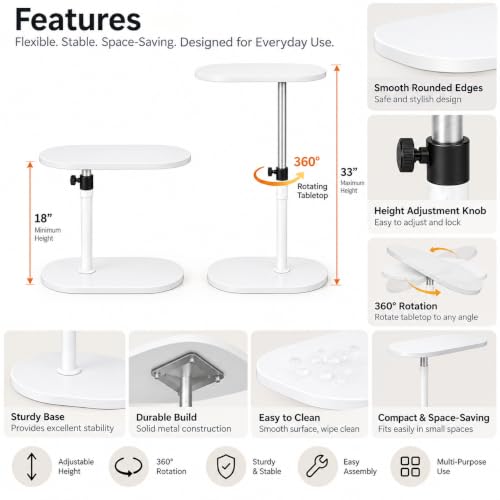 Image of Adjustable Table Stands Couch Side Table, Swivel TV Tray Table, 360 Top Moving C-Shaped End Table, Slides Under Couch Side Stand (White)