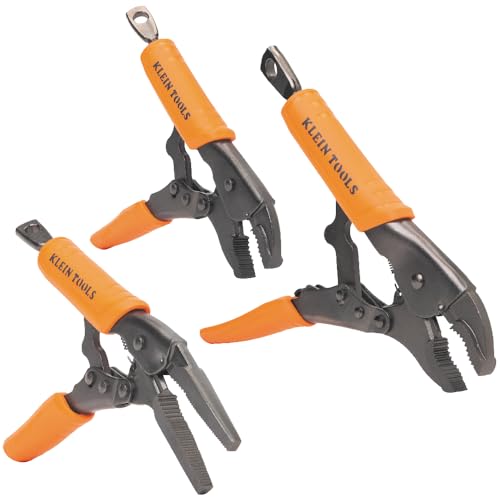 Klein Tools 38665 Locking Pliers Set, Long Nose 6-Inch, Curved Jaw 7 and 10-Inch, High Torque, Mole Grips for Clamping and Gripping 3-Piece