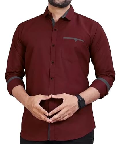 CB-COLEBROOK Men Regular Fit Solid Spread Collar Casual Shirt (Large, Berry Maroon)